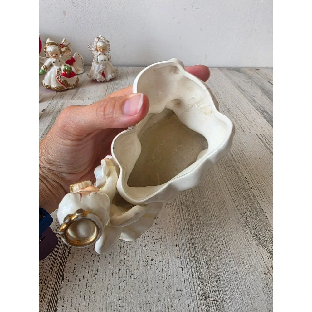 Vintage lefton 1957 Angel planter ceramic cherub girl lady gold 165 figurine